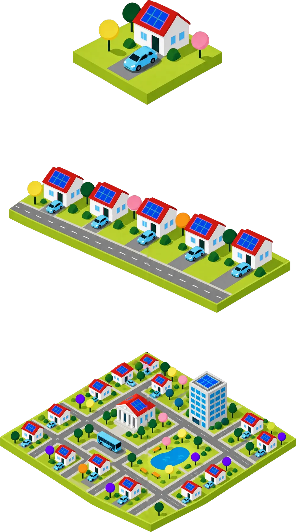 A home with rooftop solar and an electric car, then a street of solar homes, then a whole neighborhood