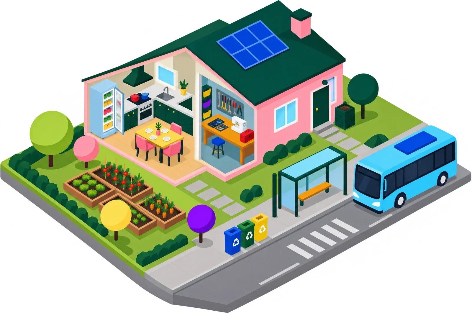 A home cut away to show its kitchen and workbench, with a vegetable garden, recycling bins and an electric bus at the stop out front